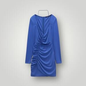 NEW Zara Blue Draped Ruched Long Sleeve Dress Size XS